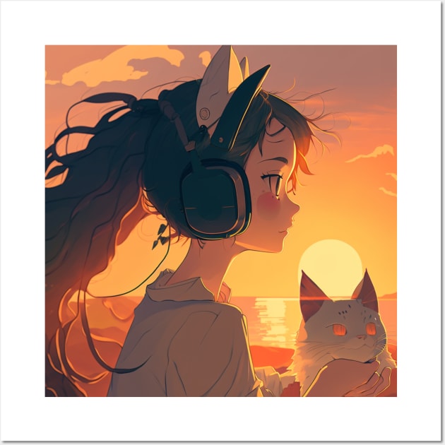 Sunset Serenade - Girl Hugging Cat Print T-Shirt Wall Art by PopKittyArt